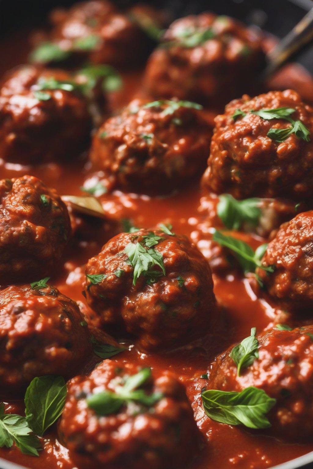 A close-up photo of eggplant meatballs simmering in smoky tomato sauce under soft lighting.