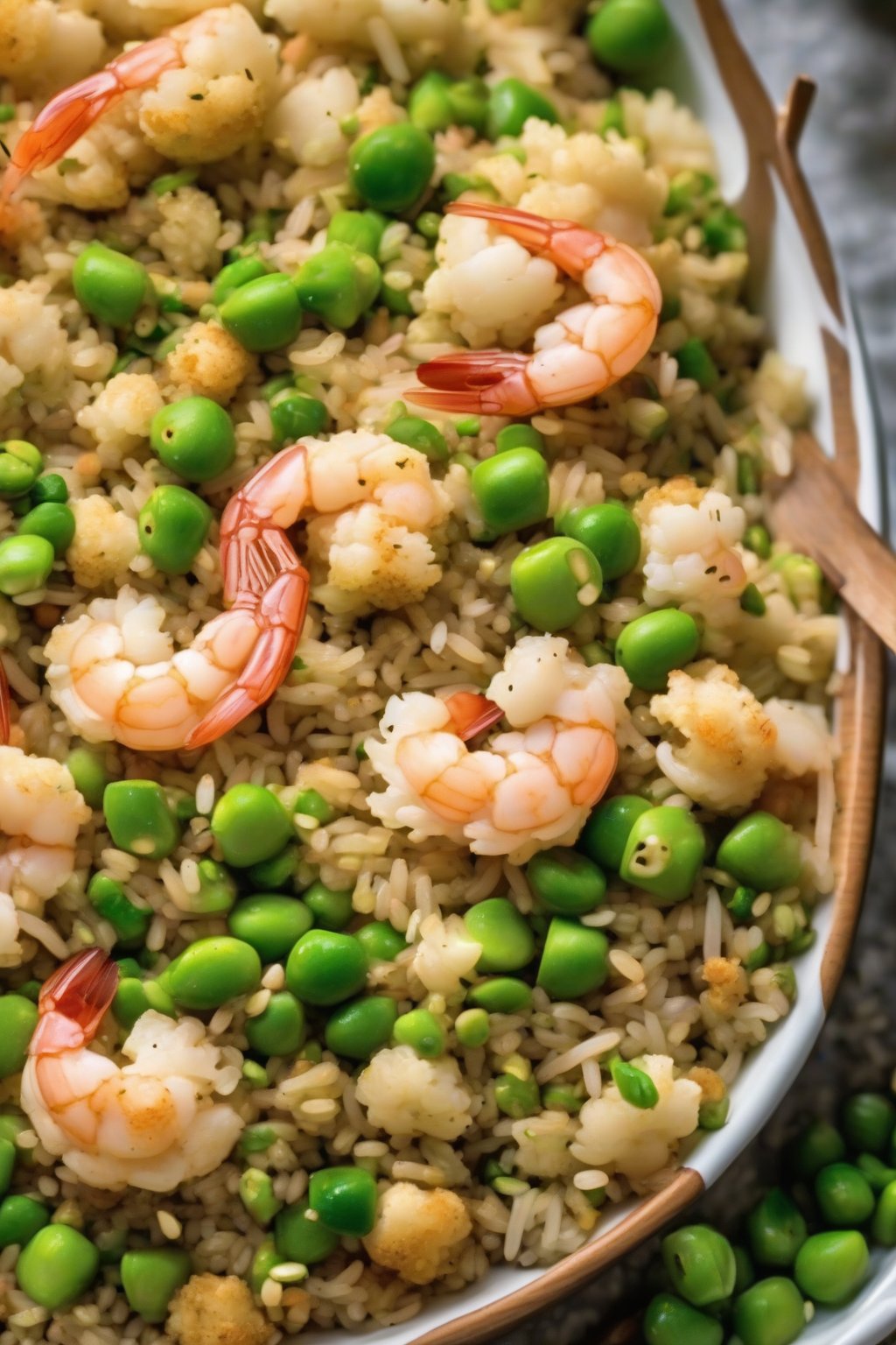 A close-up photo of cauliflower fried rice with shrimp and edamame under soft lighting.