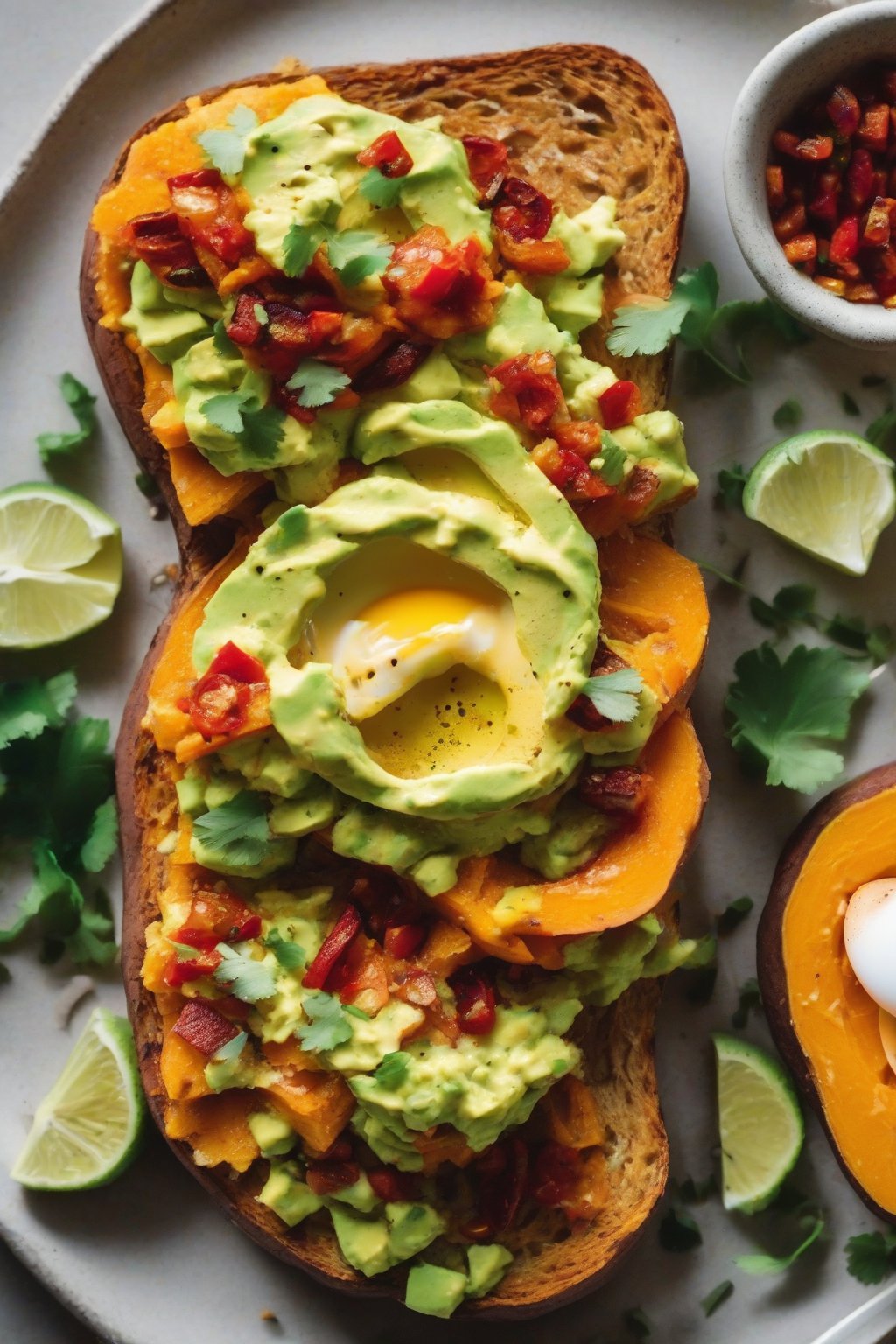 A close-up photo of sweet potato toast topped with smashed avocado and chili-lime egg under soft lighting.