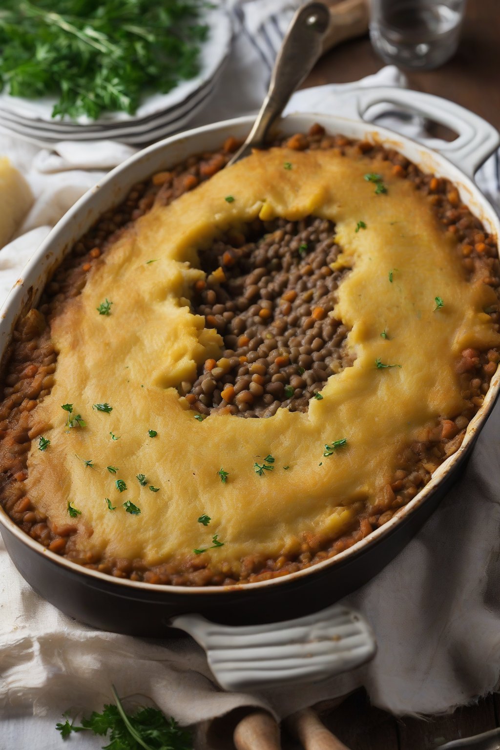 A close-up photo of lentil shepherd's pie with golden parsnip mash under soft lighting.