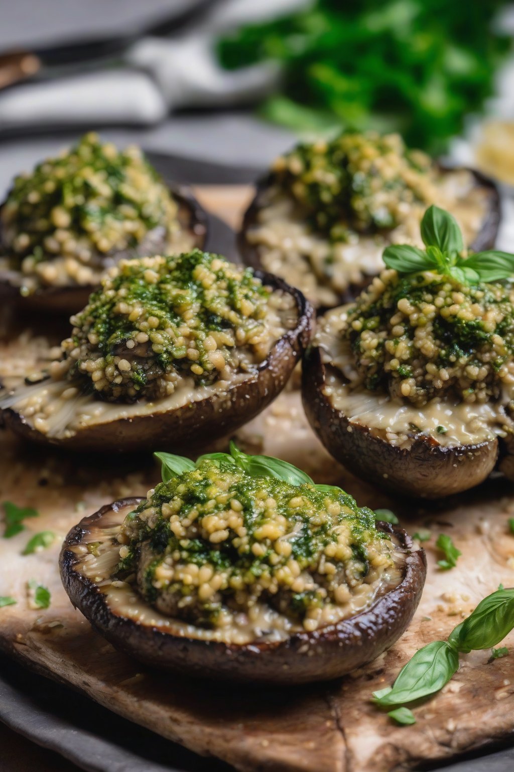 A close-up photo of quinoa-stuffed portobello mushrooms drizzled with pesto under soft lighting.
