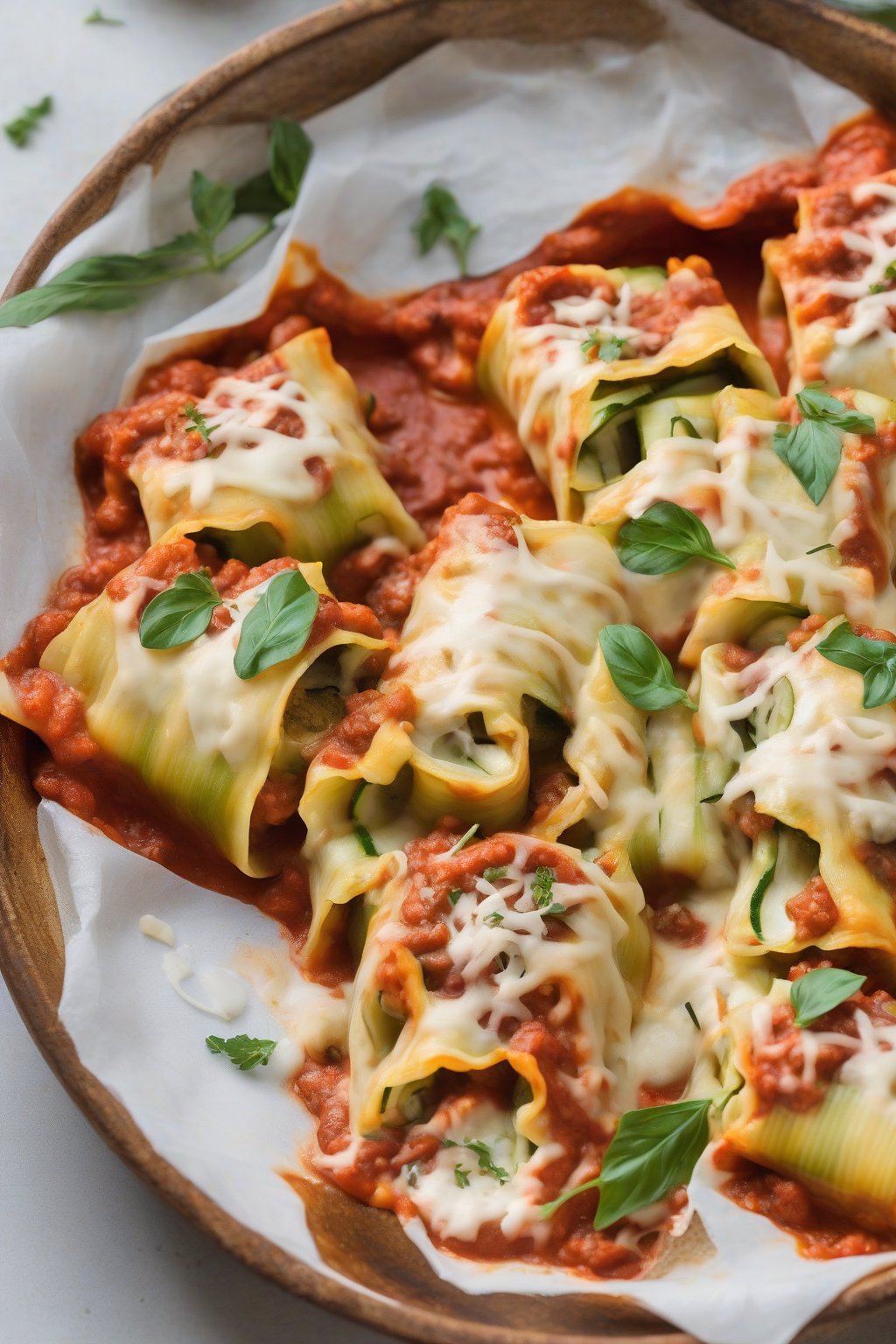 A close-up photo of zucchini lasagna rolls baked with marinara under soft lighting.