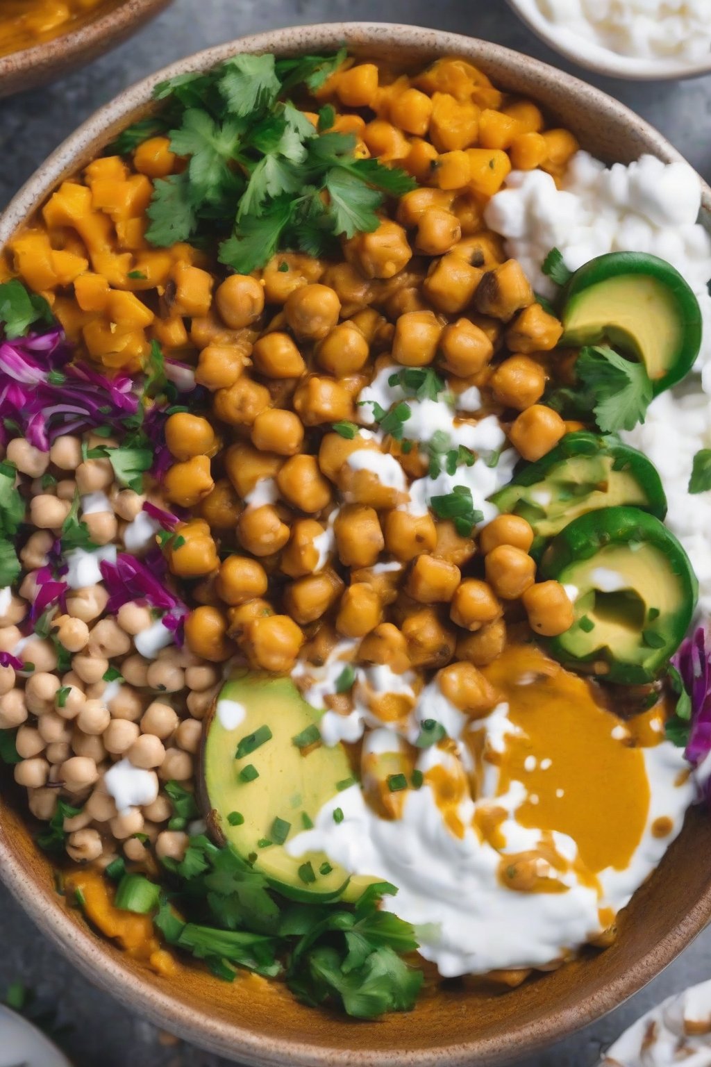 A close-up photo of chickpea curry Buddha bowl with coconut yogurt under soft lighting.
