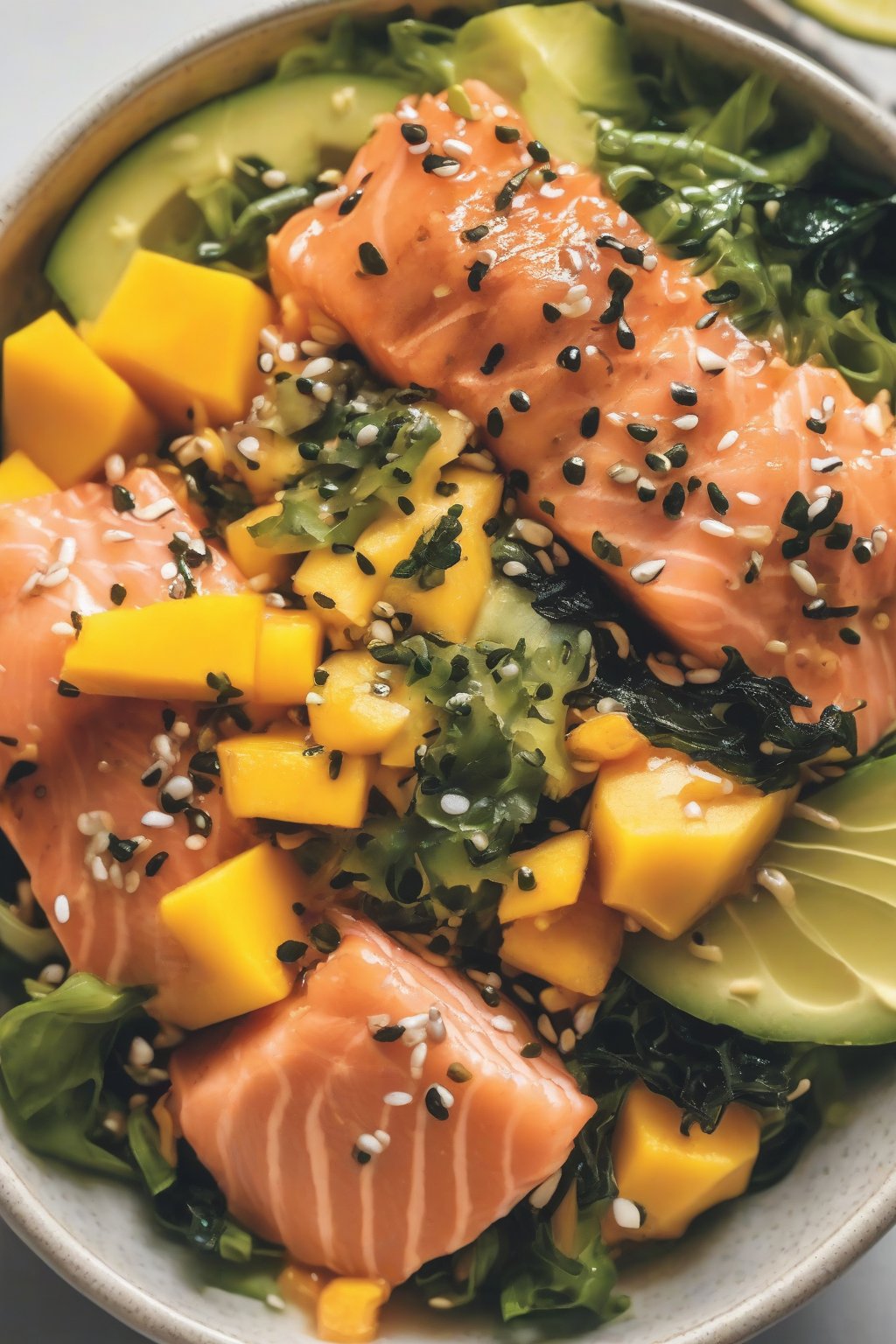 A close-up photo of salmon poke bowl topped with mango and seaweed under soft lighting.