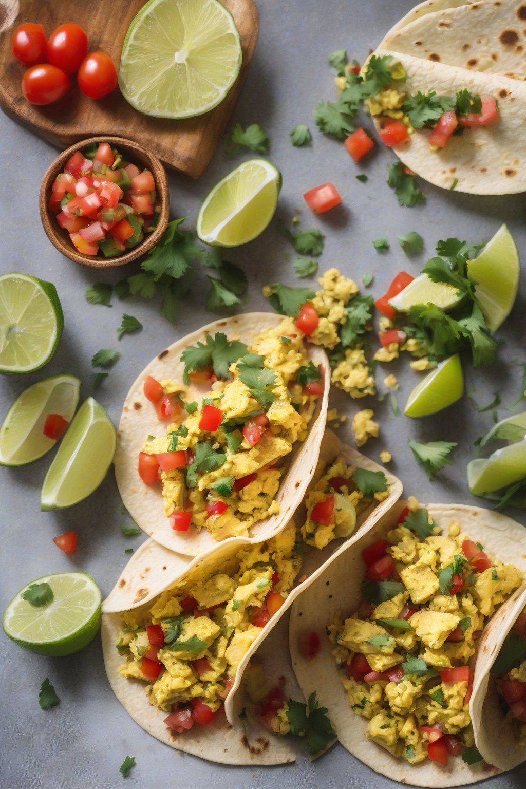 A close-up photo of tofu scramble tacos with fresh pico de gallo under soft lighting.