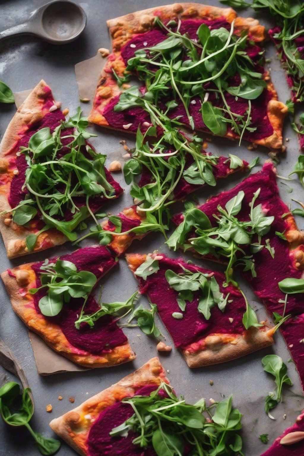 A close-up photo of beetroot hummus flatbread pizzas with arugula under soft lighting.