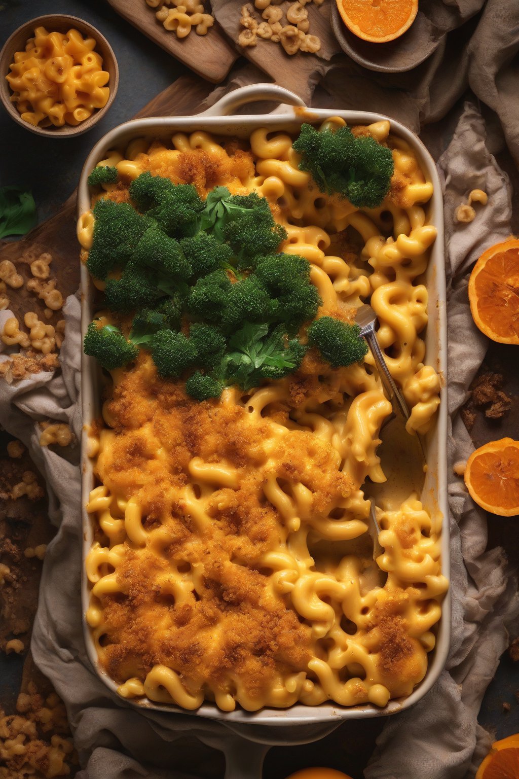 A high-resolution photo of vibrant orange vegan butternut squash mac and cheese with crispy top, wholesome glow, under soft lighting.