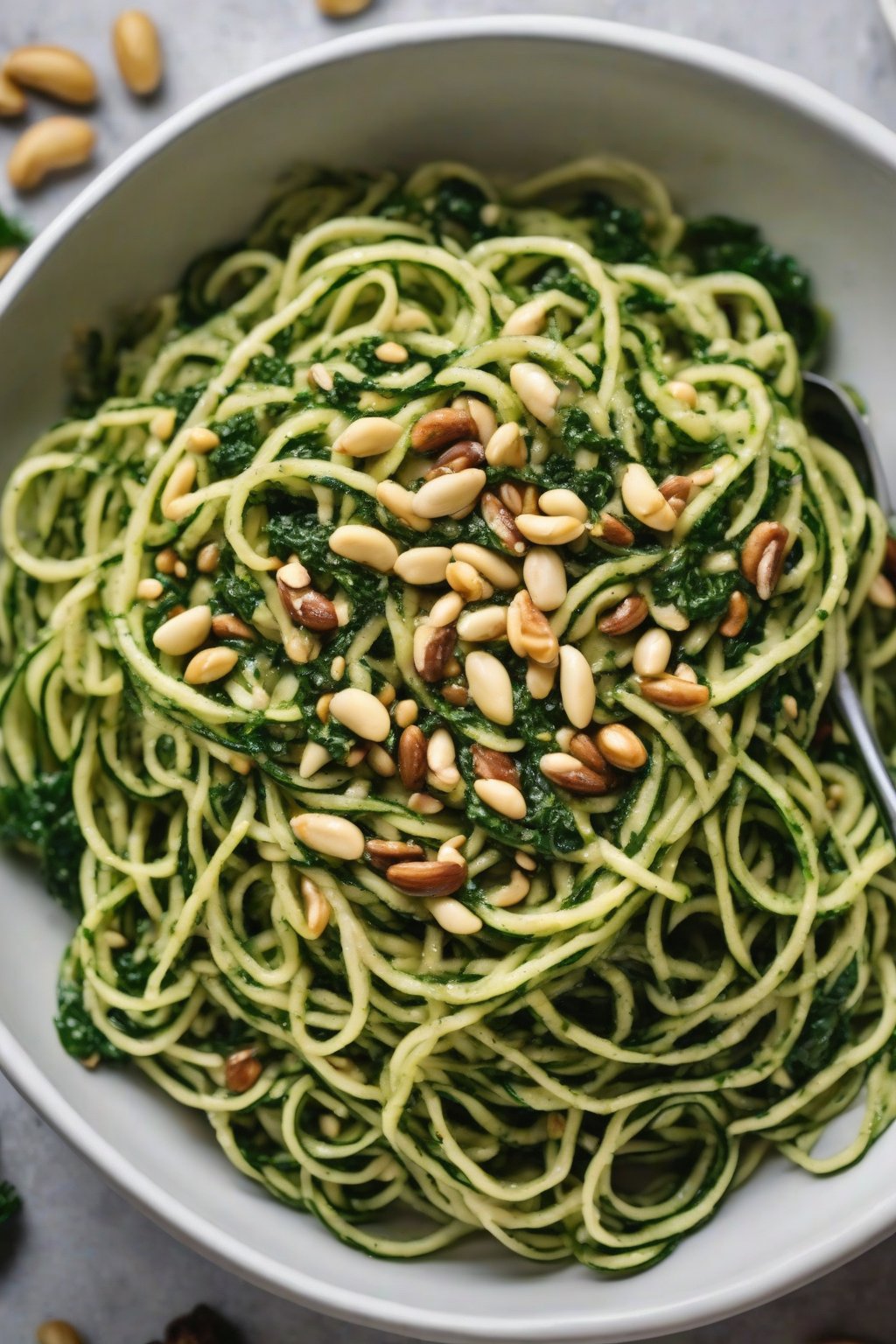 A close-up photo of kale pesto zucchini noodles garnished with pine nuts under soft lighting.