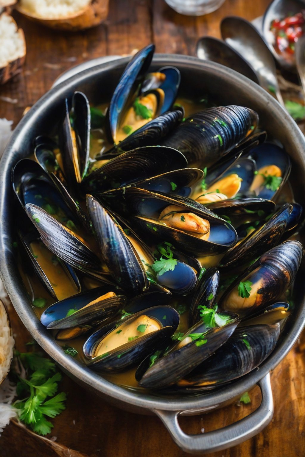 A close-up photo of coconut curry mussels in steaming broth under soft lighting.