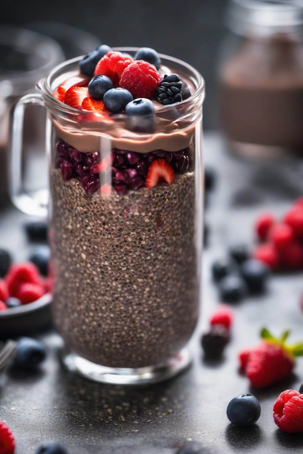A close-up photo of chocolate chia pudding parfait with berries under soft lighting.