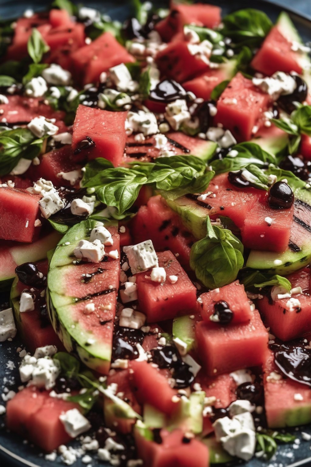 A close-up photo of grilled watermelon feta salad with balsamic under soft lighting.