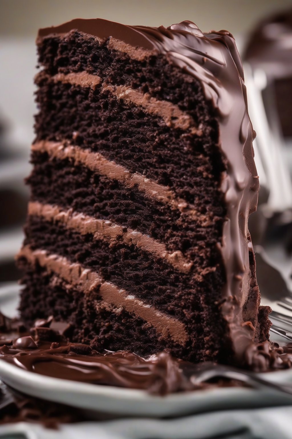 A high-resolution close-up photo of a sliced fudgy chocolate cake with thick ganache frosting, revealing moist layers, under soft lighting.