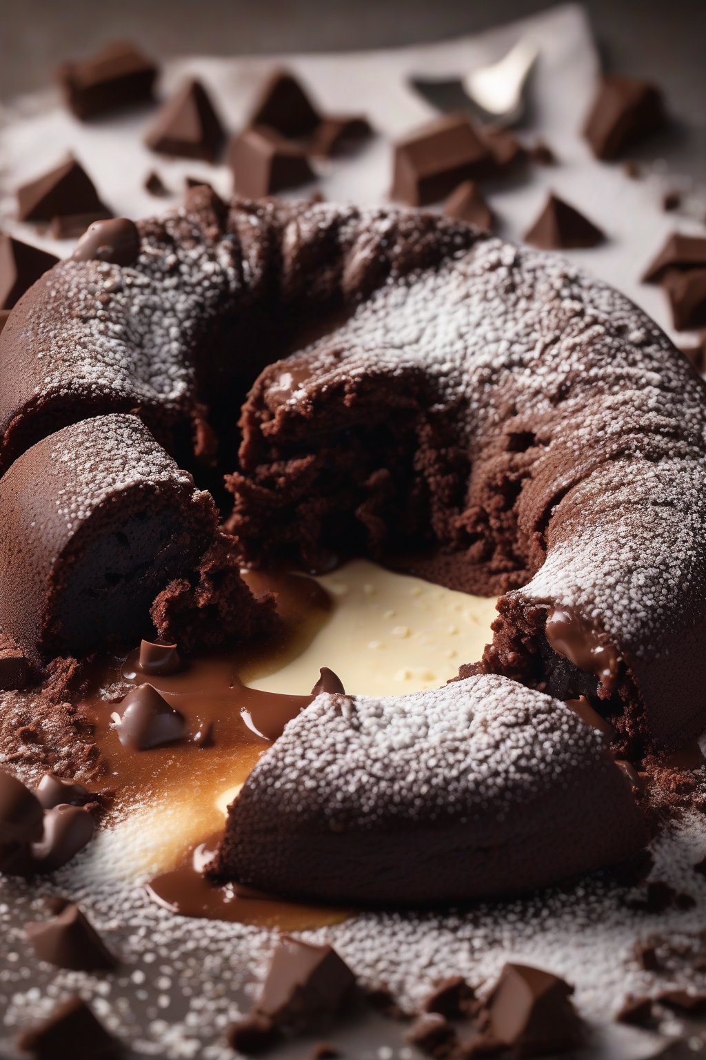 A high-resolution close-up photo of a chocolate lava cake with flowing molten center, dusted with powdered sugar, under soft lighting.