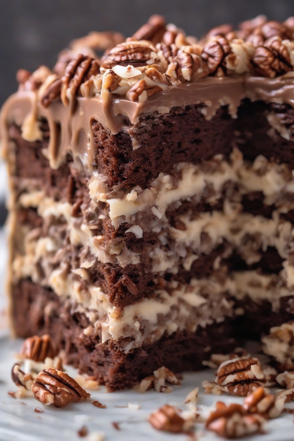 A high-resolution close-up photo of German chocolate cake slice showing coconut-pecan frosting cascading over chocolate layers, under soft lighting.