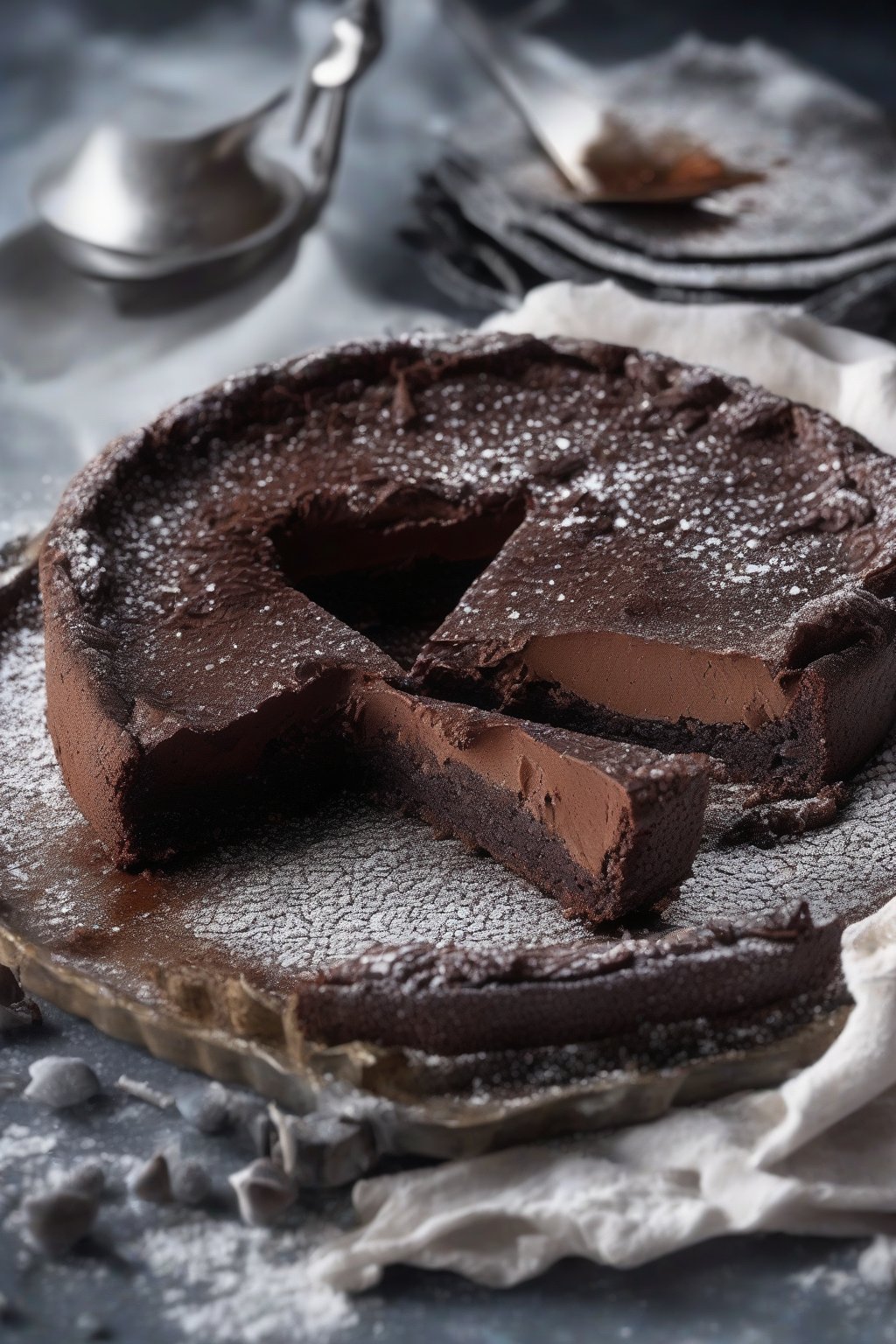 A high-resolution close-up photo of a flourless chocolate torte with glossy crackled top, powdered sugar dusting, under soft lighting.