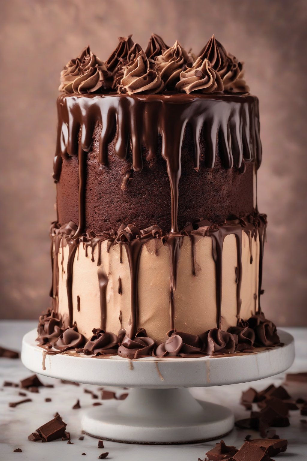 A high-resolution close-up photo of triple chocolate layer cake with dripping ganache and chocolate curls garnish, under soft lighting.
