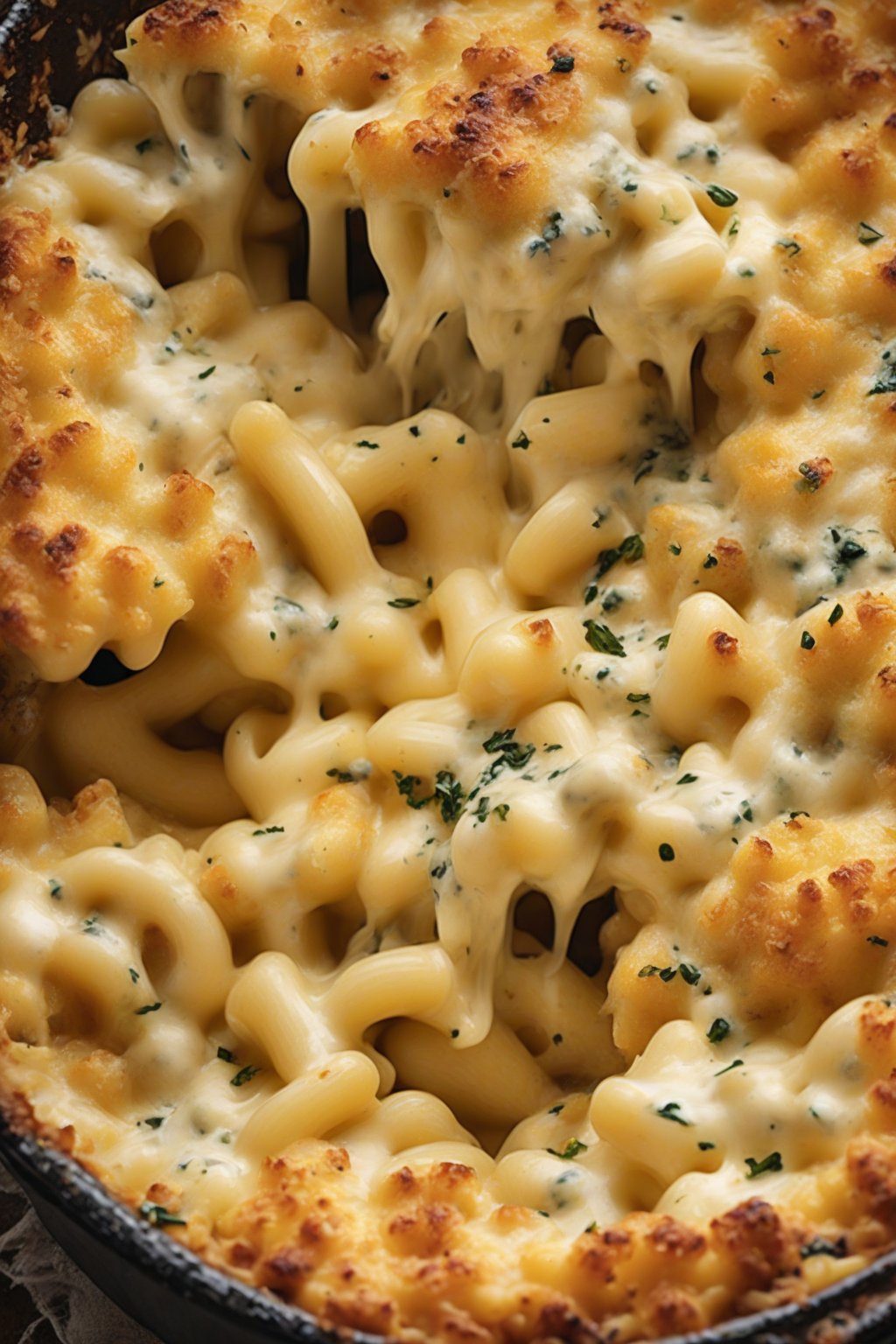 A high-resolution photo of four-cheese Italian mac and cheese oozing mixed melts with herb-flecked crust, under soft lighting.