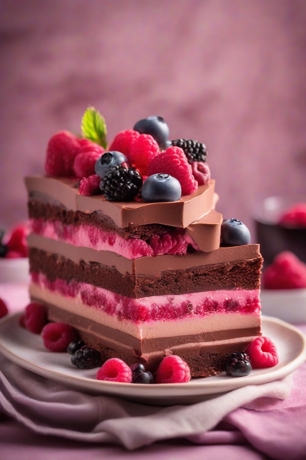 A high-resolution close-up photo of chocolate raspberry mousse cake slice with vibrant berries and creamy layers, under soft lighting.
