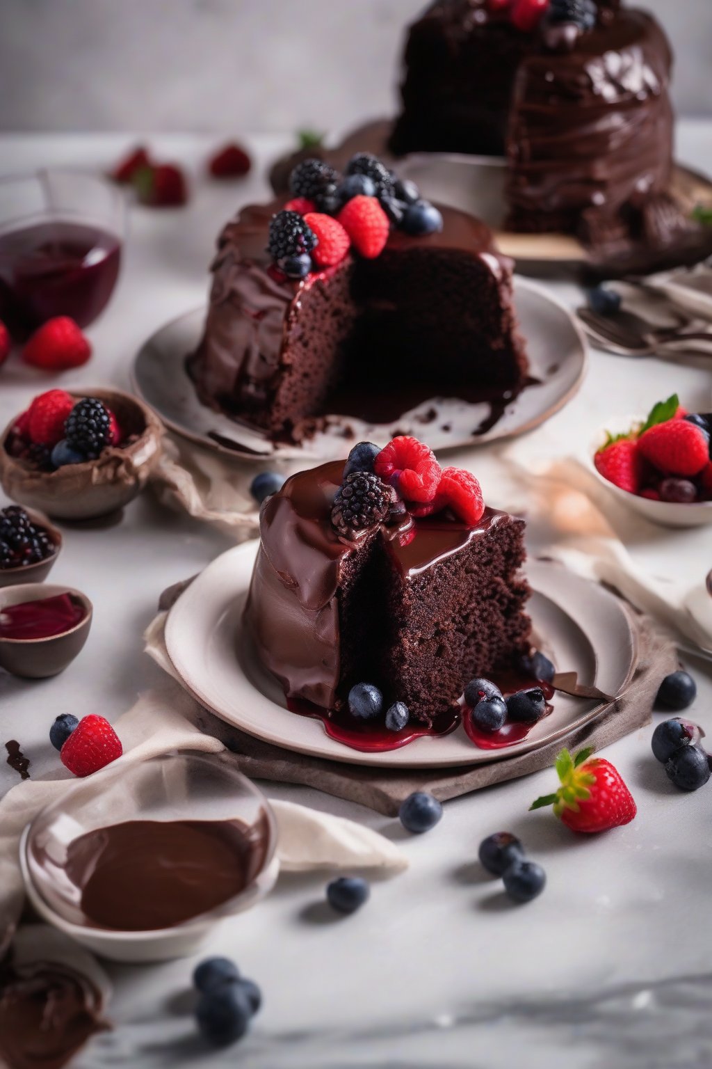 A high-resolution close-up photo of vegan chocolate cake with shiny ganache and berry topping, under soft lighting.