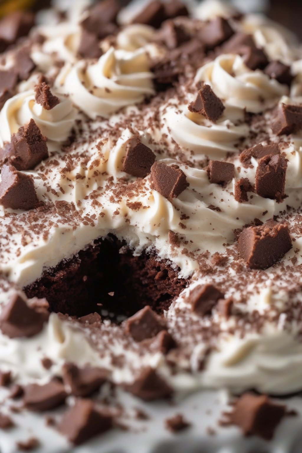 A high-resolution close-up photo of gluten-free fudge cake with thick frosting and sea salt sprinkle, under soft lighting.