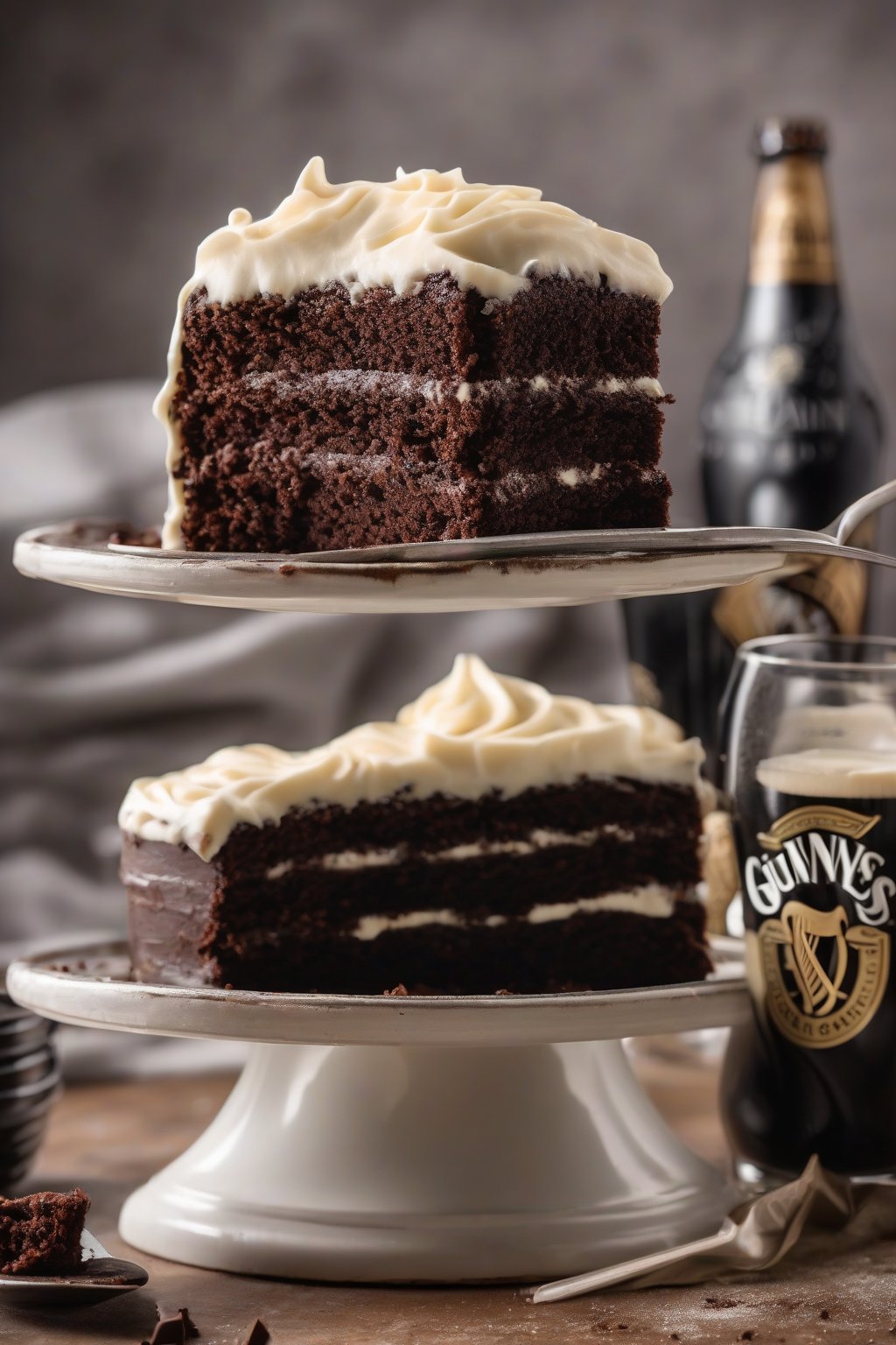A high-resolution close-up photo of Guinness chocolate cake topped with swirled cream cheese frosting, under soft lighting.