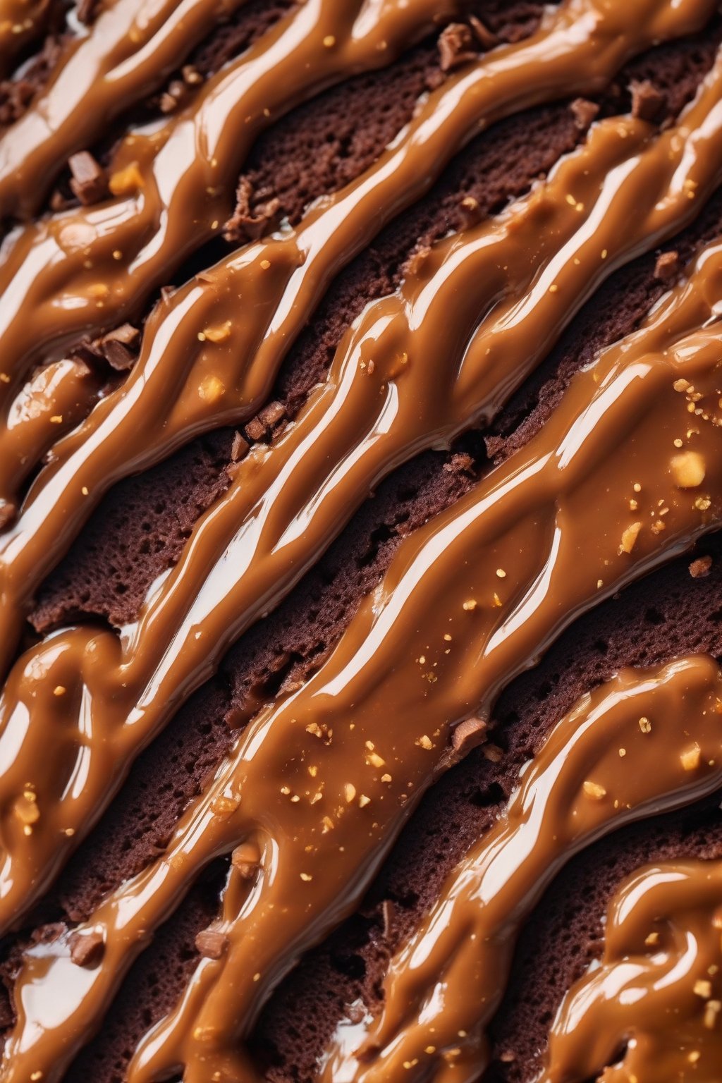 A high-resolution close-up photo of salted caramel chocolate cake slice with gooey caramel rivers, under soft lighting.