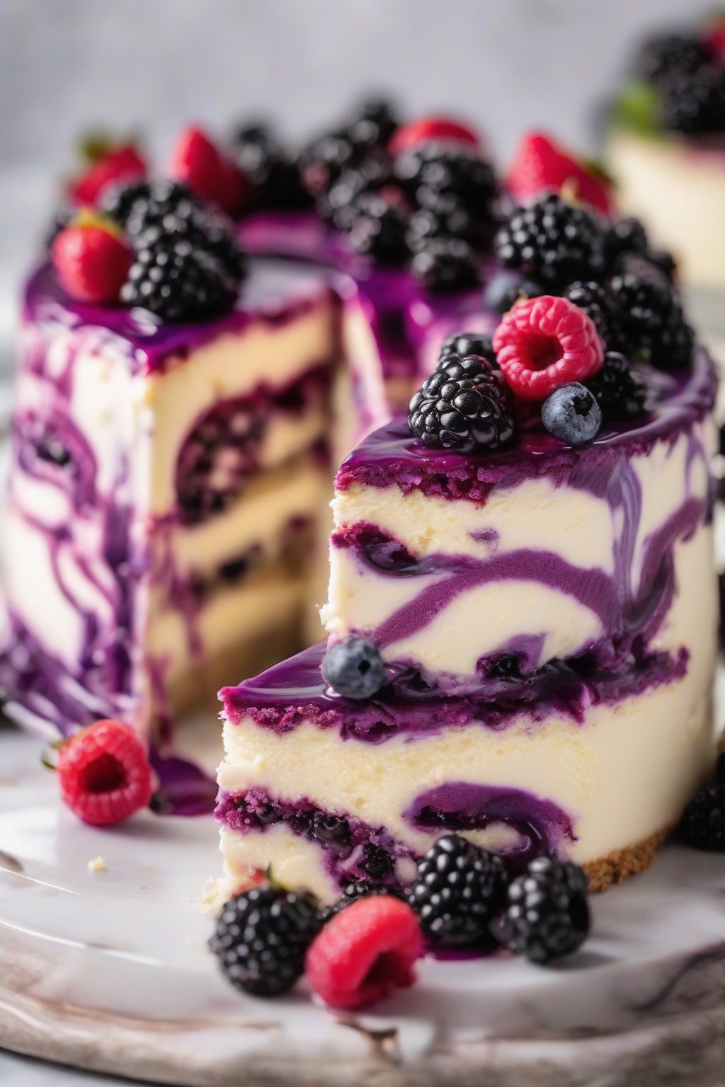 A high-resolution close-up photo of white chocolate blackberry cheesecake cake with purple swirls and fresh berries, under soft lighting.