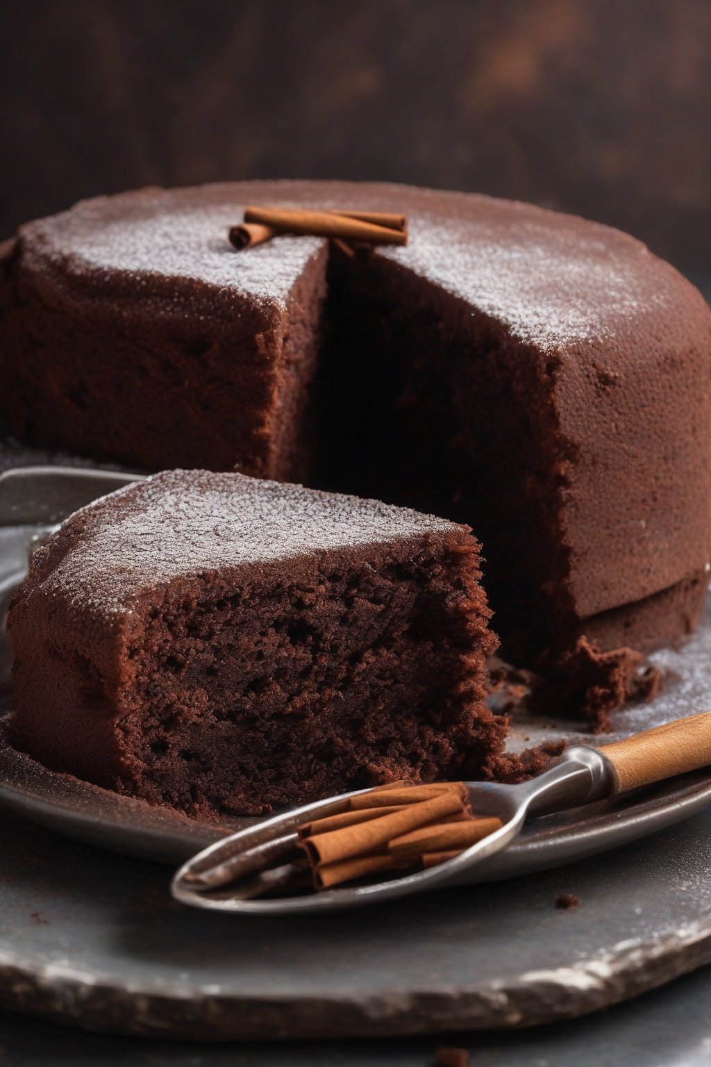 A high-resolution close-up photo of spiced Mexican chocolate cake dusted with cinnamon, slice revealing moist interior, under soft lighting.