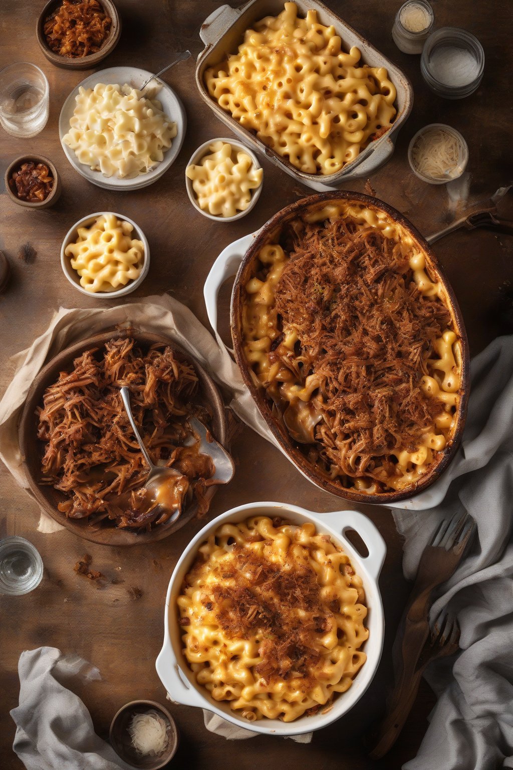 A high-resolution photo of BBQ pulled pork mac and cheese with caramelized edges and pork shreds, smoky allure, under soft lighting.