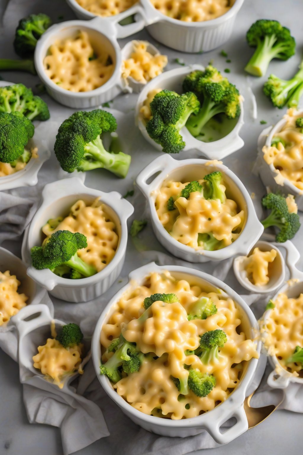 A high-resolution photo of broccoli cheddar mac and cheese with green florets peeking through golden cheese, fresh and vibrant, under soft lighting.