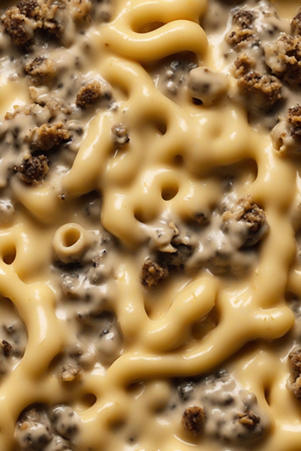 A high-resolution photo of truffle mac and cheese with glossy sauce and aromatic crust, luxurious close-up, under soft lighting.