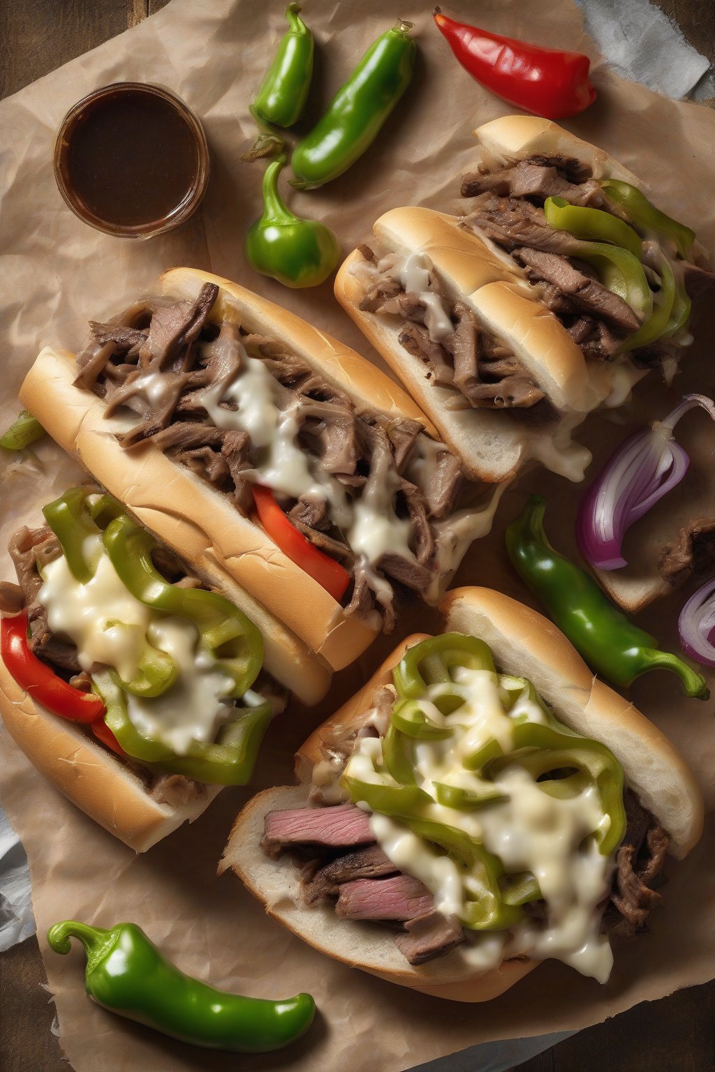 A high-resolution photo of a colorful pepper and onion Philly cheesesteak, vibrant green peppers contrasting melted provolone and steak on a hoagie, under soft lighting.
