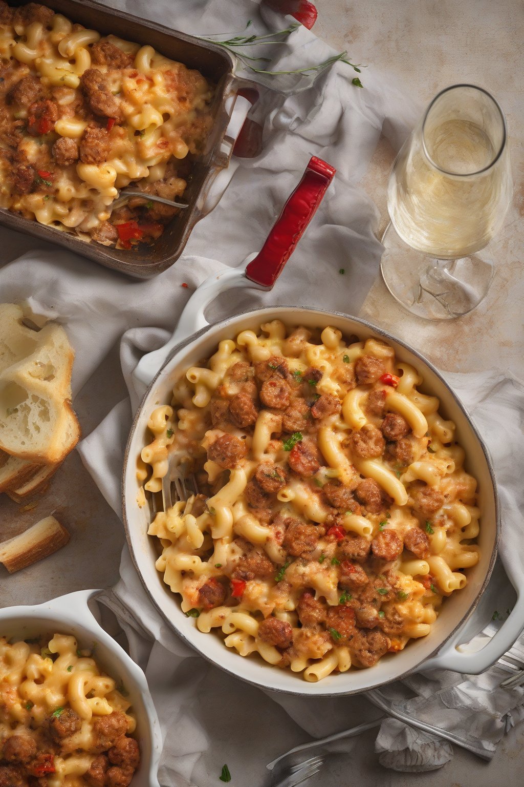 A high-resolution photo of spicy sausage pepper mac and cheese with red flecks and bubbly spice, hearty appeal, under soft lighting.
