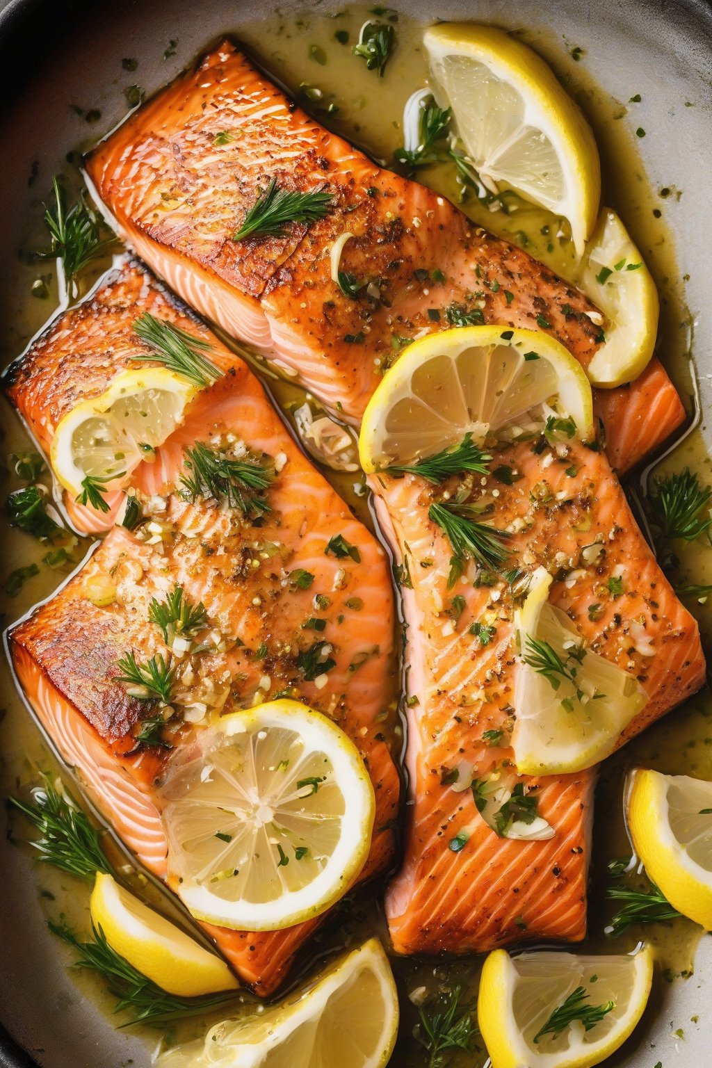 A high-resolution close-up photo of golden pan-seared salmon fillets topped with lemon slices and garlic under soft lighting.