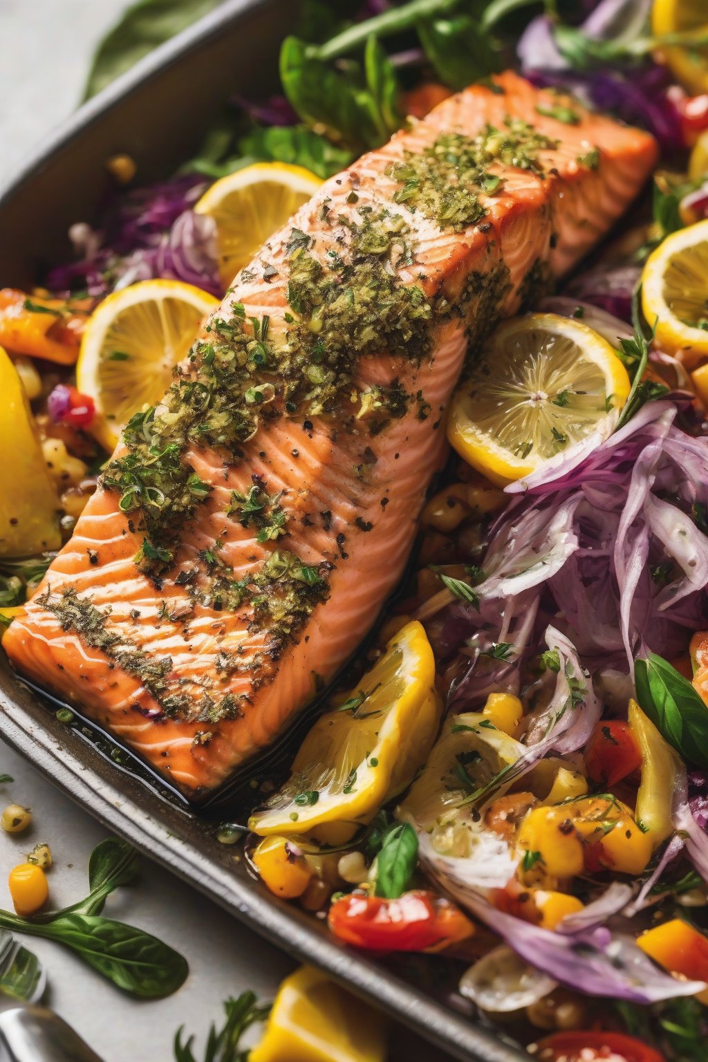 A high-resolution close-up photo of herb-crusted pan-seared salmon with colorful Mediterranean garnishes under soft lighting.