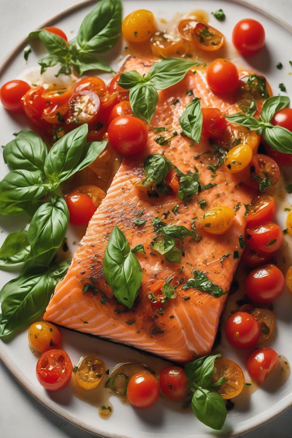 A high-resolution close-up photo of pan-seared salmon topped with burst tomatoes and basil under soft lighting.