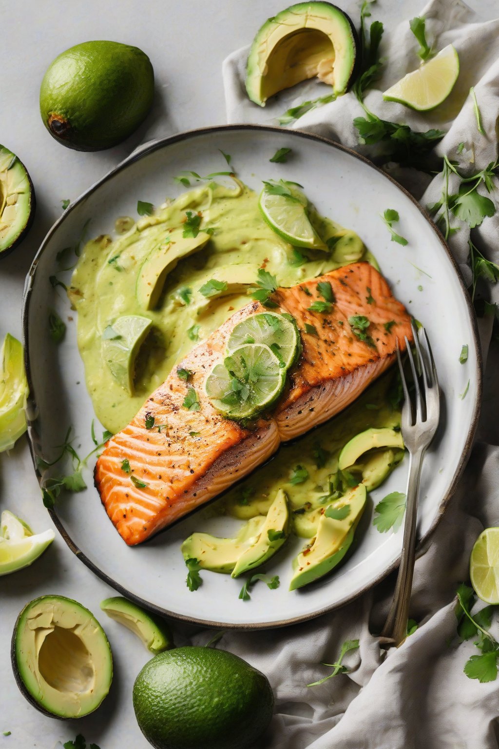 A high-resolution close-up photo of pan-seared salmon smothered in creamy avocado lime under soft lighting.