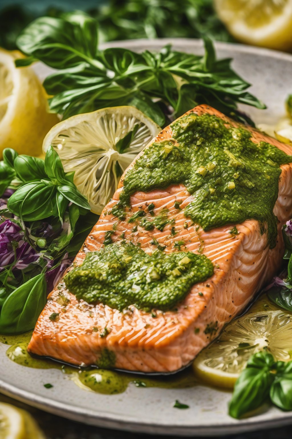 A high-resolution close-up photo of vibrant green pesto-covered pan-seared salmon under soft lighting.