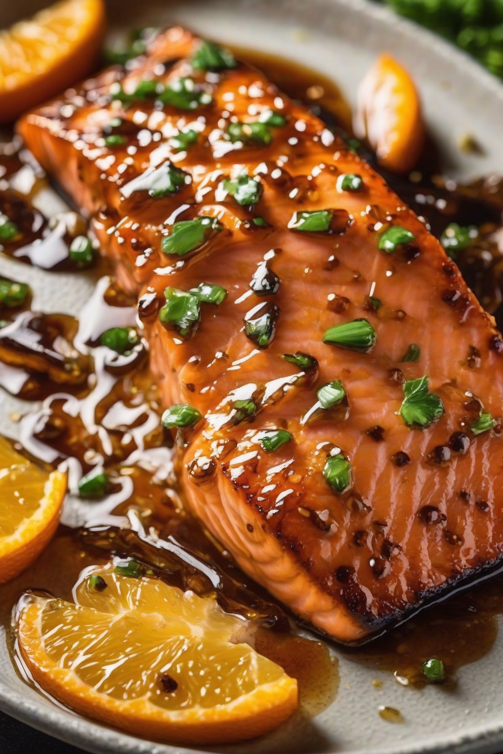 A high-resolution close-up photo of caramelized orange teriyaki pan-seared salmon under soft lighting.