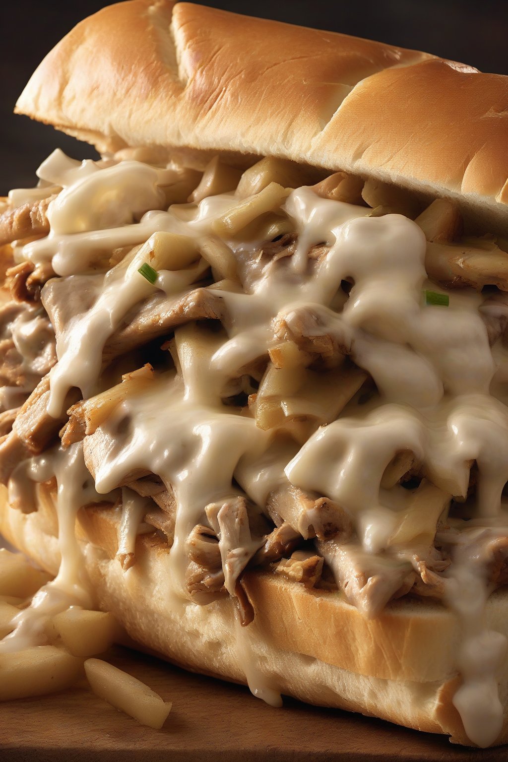 A high-resolution photo of a chicken Philly cheesesteak sandwich with Whiz-glazed chicken and onions spilling from the roll, under soft lighting.
