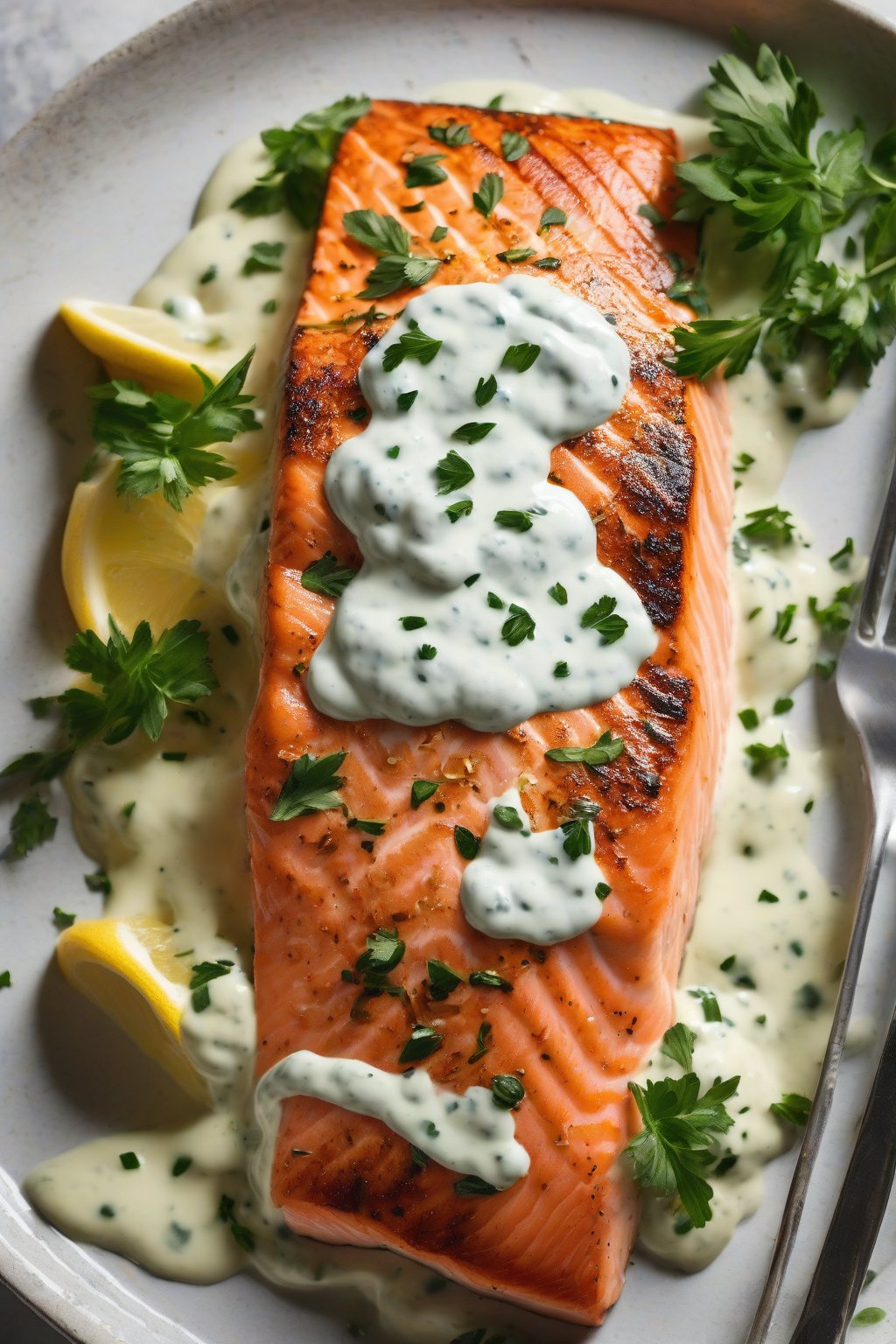 A high-resolution close-up photo of pan-seared salmon drizzled with herby yogurt sauce under soft lighting.