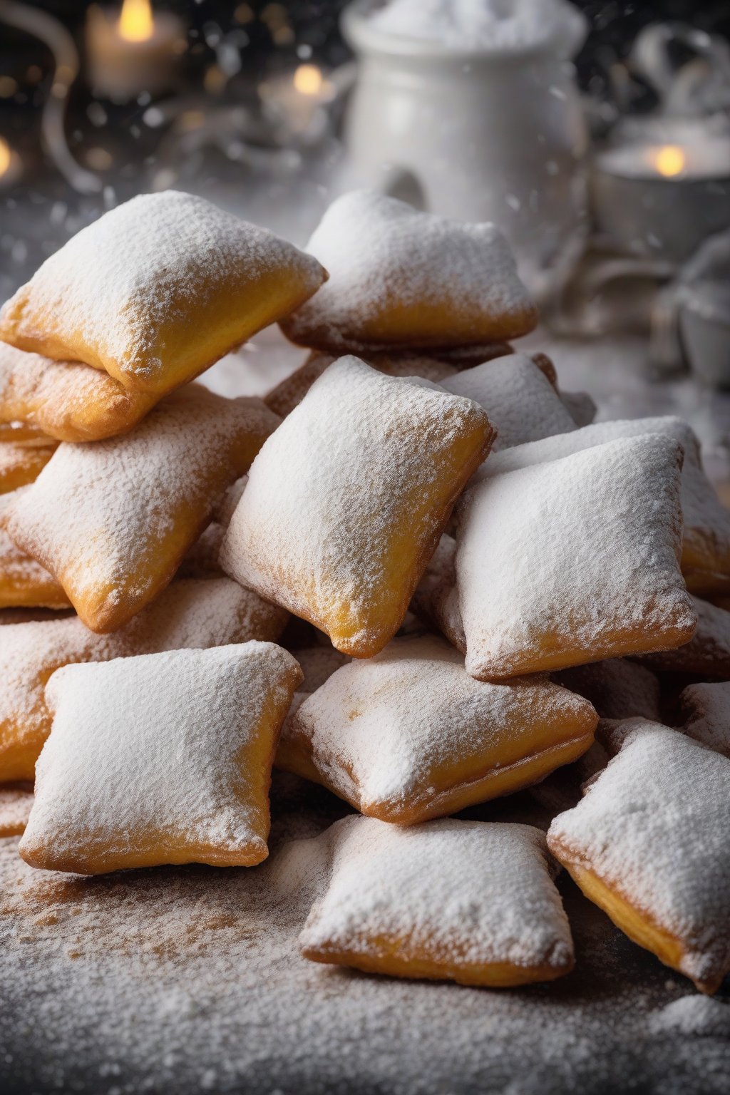 A high-resolution photo of golden classic powdered beignets piled high with a snowstorm of powdered sugar, steam rising, under soft lighting.