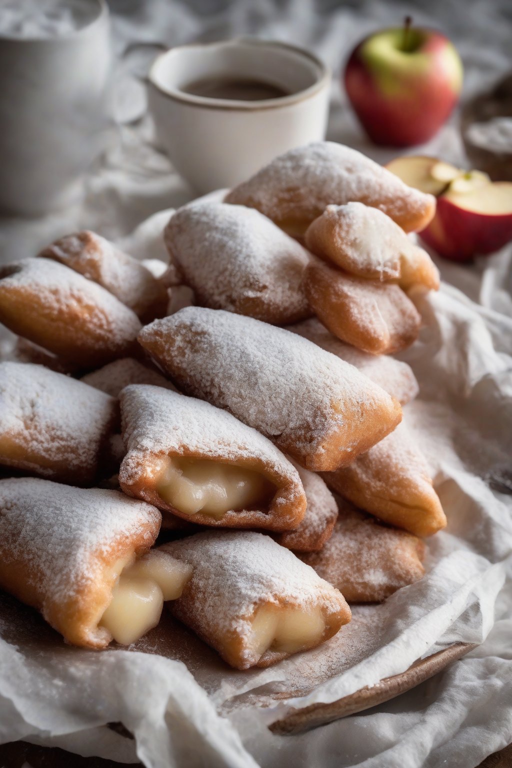 A high-resolution photo of powdered beignets oozing cinnamon apple filling, sliced open on a rustic plate, under soft lighting.