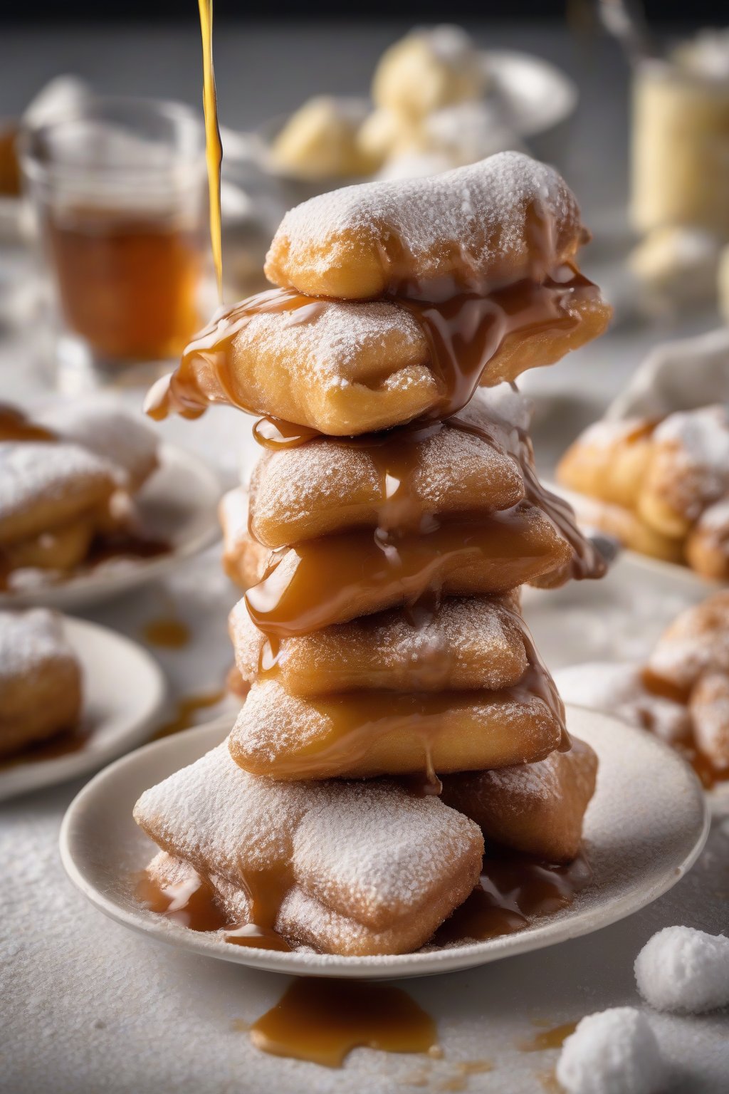 A high-resolution photo of warm banana foster powdered beignets drizzled with caramel, powdered sugar cascading down, under soft lighting.