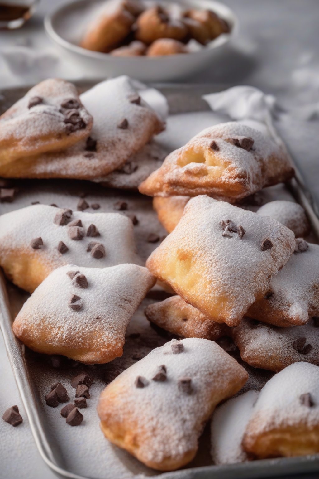 A high-resolution photo of chocolate chip powdered beignets with melty centers peeking through thick powdered sugar, on a breakfast tray, under soft lighting.