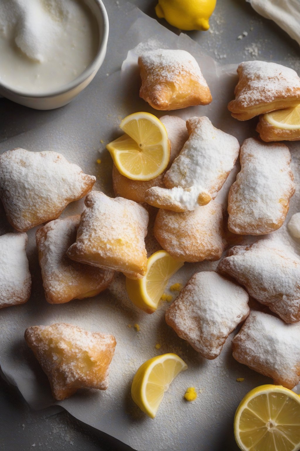 A high-resolution photo of powdered beignets dusted with lemon zest flecks, one halved to show fluffy interior, under soft lighting.