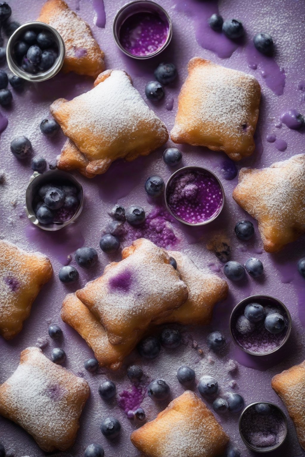 A high-resolution photo of powdered blueberry beignets with purple stains seeping through sugar coating, fresh berries scattered around, under soft lighting.