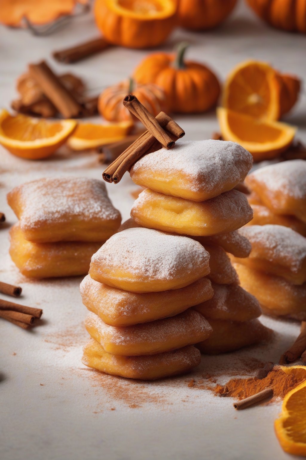 A high-resolution photo of pumpkin spice powdered beignets stacked with orange hues peeking out, cinnamon sticks nearby, under soft lighting.