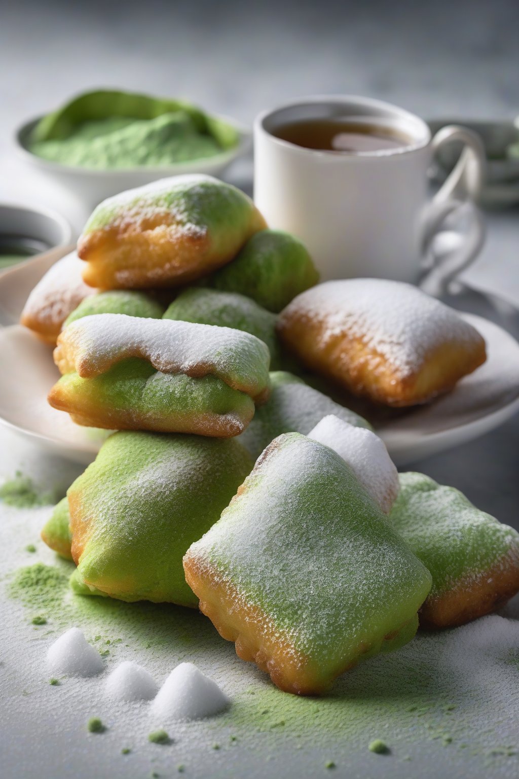 A high-resolution photo of vibrant green matcha powdered beignets blanketed in white sugar, subtle steam and tea leaves garnish, under soft lighting.