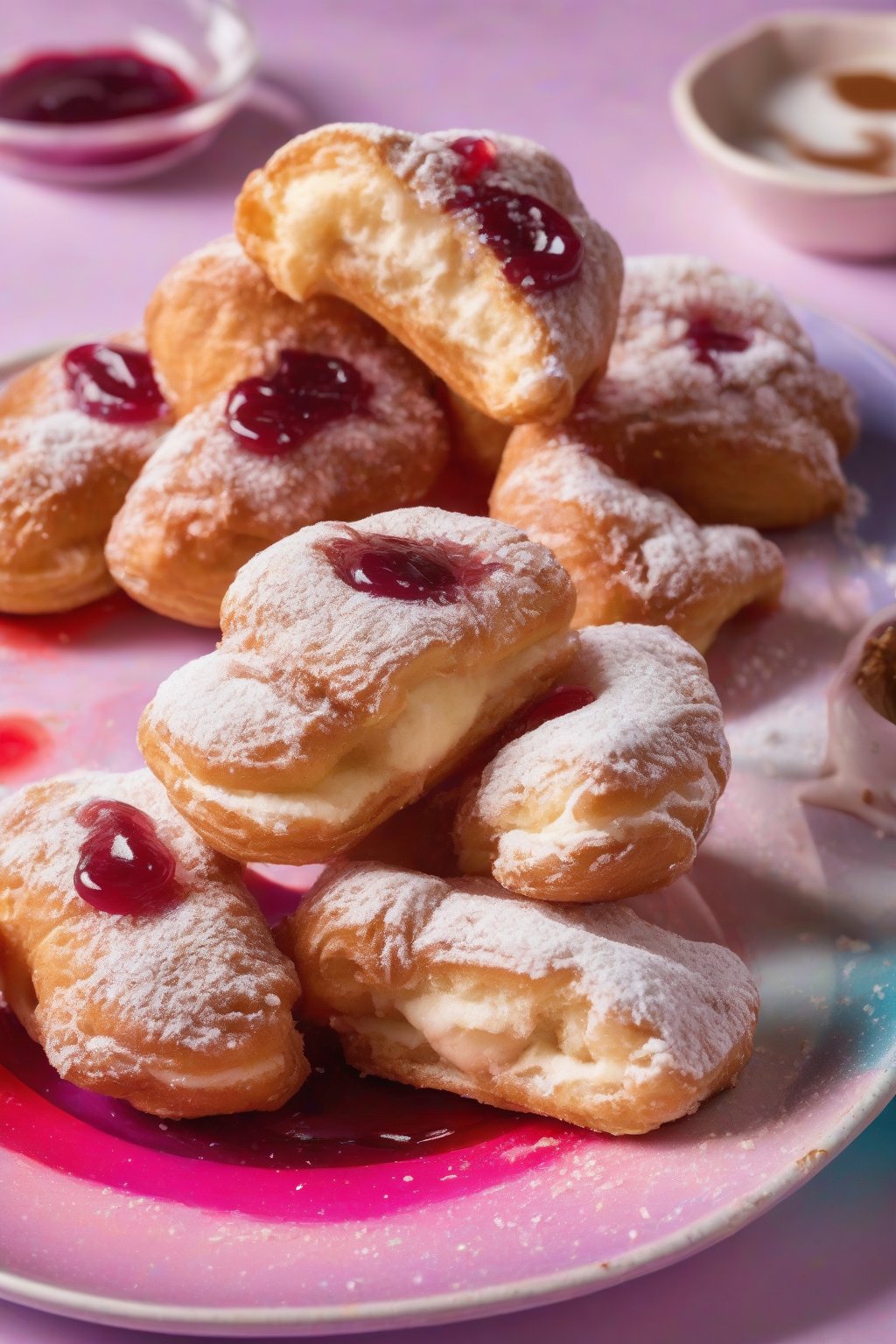 A high-resolution photo of powdered beignets sliced to reveal peanut butter and jelly swirls inside, on a colorful plate, under soft lighting.